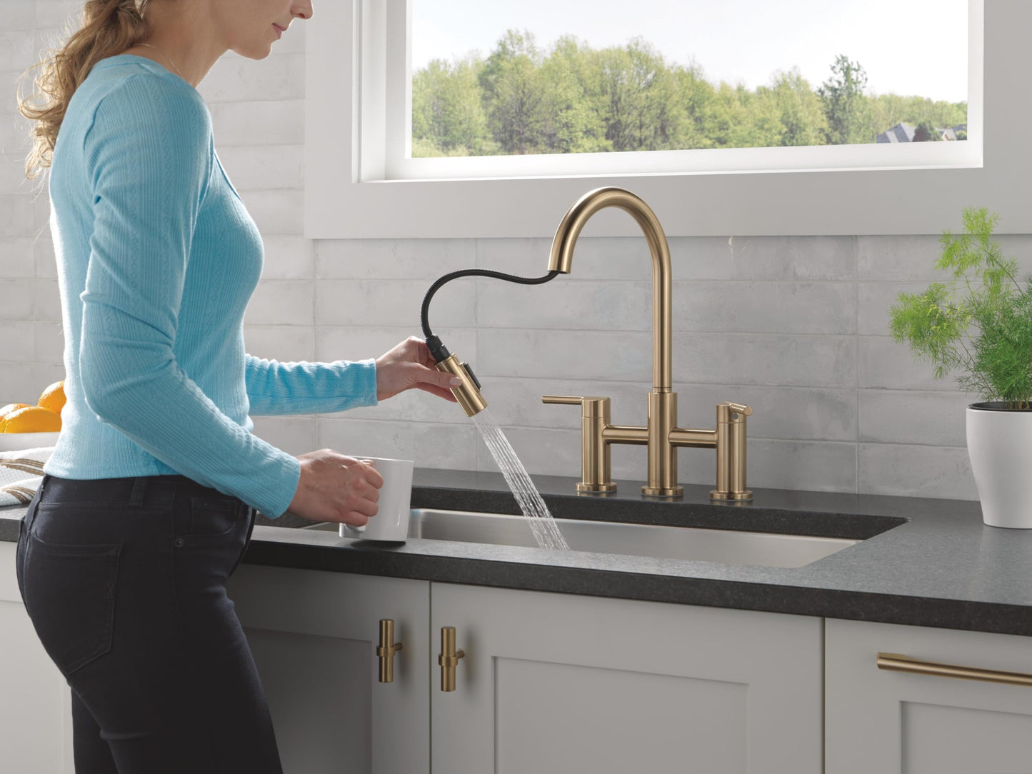 Delta Nicoli Brushed Gold Kitchen Faucet with Pull Down Sprayer, Bridge 3 Hole Modern Kitchen Sink Faucet, Two-Handle, Champagne Bronze 39876LF-CZ