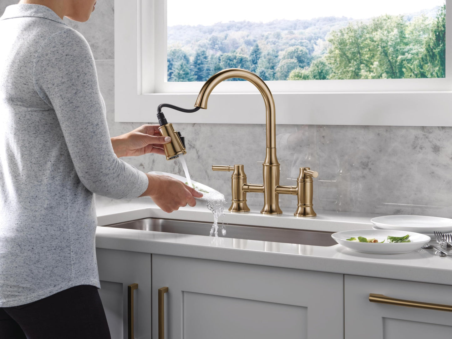 Delta Renaldi Brushed Gold Kitchen Faucet with Pull Down Sprayer, Bridge 3 Hole Modern Kitchen Sink Faucet, Two-Handle, Lumicoat Champagne Bronze 2384L-CZ-PR-DST