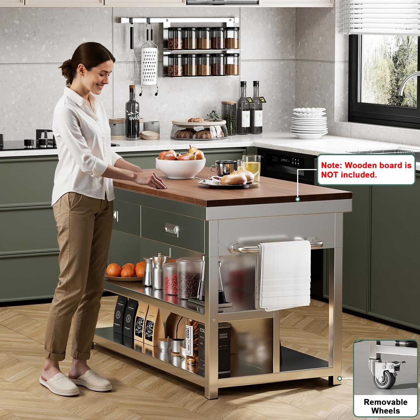 Stainless Steel Kitchen Island with Storage, Rolling Kitchen Island Cart on Wheels, Industrial Kitchen Cart with 2 Drawers, Portable Island for Commercial Kitchen, Bar, Outdoor Patio, 25 x 50 x 37 in