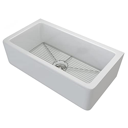 KRAUS KFR1-33GWH Turino Reversible 33-inch Fireclay Farmhouse Flat Apron Front Single Bowl Kitchen Sink with Bottom Grid in Gloss White