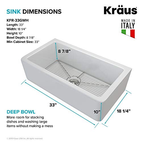 KRAUS KFR1-33GWH Turino Reversible 33-inch Fireclay Farmhouse Flat Apron Front Single Bowl Kitchen Sink with Bottom Grid in Gloss White