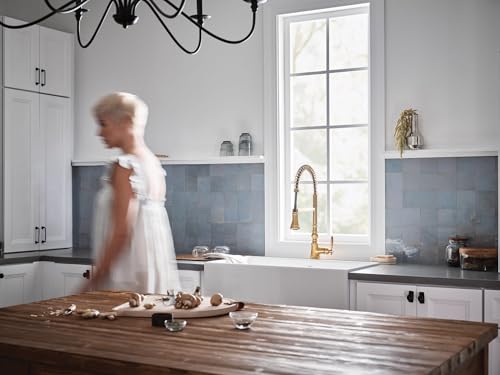 Moen WeymouthBrushed Gold One Handle Pre-Rinse Spring Farmhouse Pulldown Kitchen Faucet with Power Boost for a Faster Clean, S73104BG