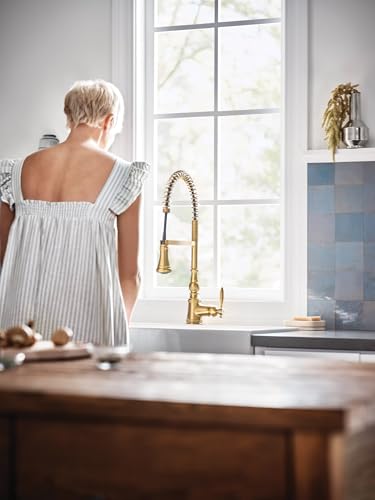 Moen WeymouthBrushed Gold One Handle Pre-Rinse Spring Farmhouse Pulldown Kitchen Faucet with Power Boost for a Faster Clean, S73104BG