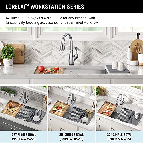 DELTA FAUCET 95B932-32S-SS Lorelai Workstation Kitchen Sink Undermount Stainless Steel Single Bowl with WorkFlow Ledge and Chef’s Kit of 6 Accessories