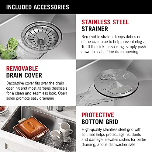 DELTA FAUCET 95B932-32S-SS Lorelai Workstation Kitchen Sink Undermount Stainless Steel Single Bowl with WorkFlow Ledge and Chef’s Kit of 6 Accessories