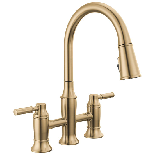Delta Renaldi Brushed Gold Kitchen Faucet with Pull Down Sprayer, Bridge 3 Hole Modern Kitchen Sink Faucet, Two-Handle, Lumicoat Champagne Bronze 2384L-CZ-PR-DST