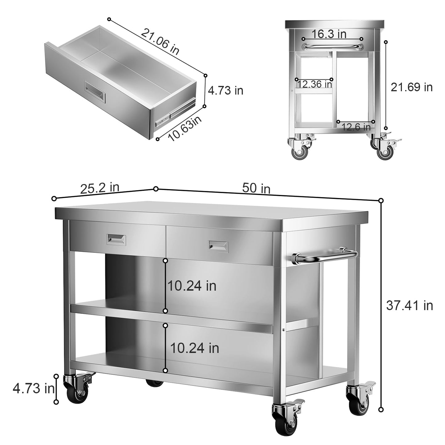 Stainless Steel Kitchen Island with Storage, Rolling Kitchen Island Cart on Wheels, Industrial Kitchen Cart with 2 Drawers, Portable Island for Commercial Kitchen, Bar, Outdoor Patio, 25 x 50 x 37 in