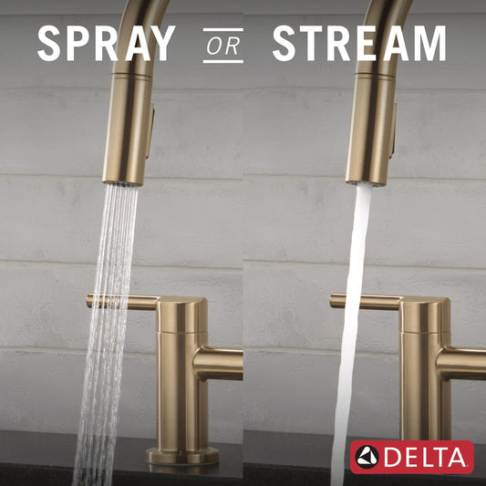 Delta Nicoli Brushed Gold Kitchen Faucet with Pull Down Sprayer, Bridge 3 Hole Modern Kitchen Sink Faucet, Two-Handle, Champagne Bronze 39876LF-CZ