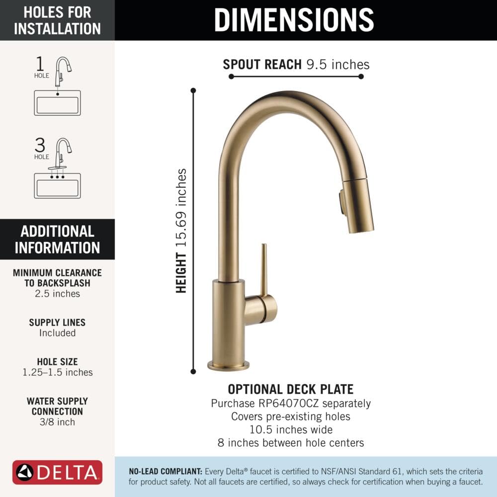 Delta Trinsic Brushed Gold Kitchen Faucet with Pull Down Sprayer, Modern Single Hole Kitchen Sink Faucet, Single Handle, Champagne Bronze 9159-CZ-DST