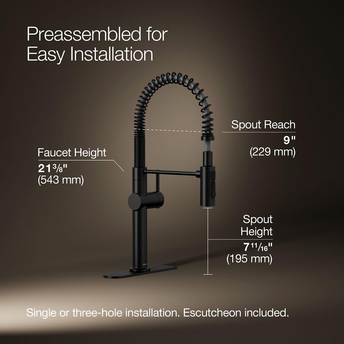 KOHLER 22973-BL Crue High-Arc Kitchen Faucet with Pull Down Spring Spout, Professional Pre-Rinse Kitchen Faucet, Commercial Faucet, Matte Black