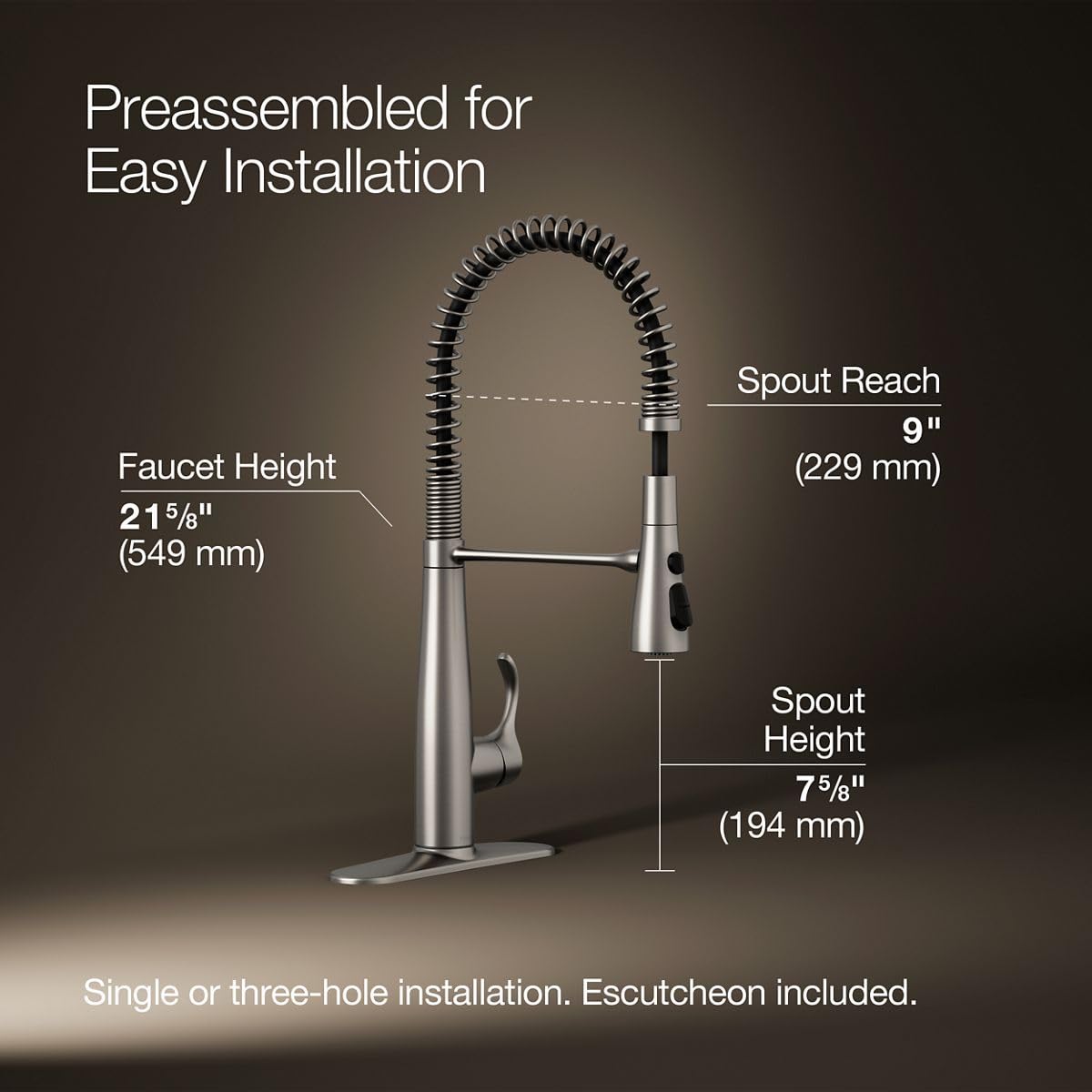 KOHLER 22033-VS Simplice Semi Professional Kitchen Sink Faucet, Pre-Rinse Kitchen & Commercial Faucet, Vibrant Stainless, 9" x 9-1/4" x 21-5/8"