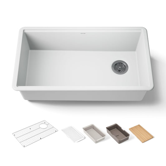 Kohler 33710-PC-CM6 Billings® 32-1/2" undermount single-bowl workstation kitchen sink, Matte White