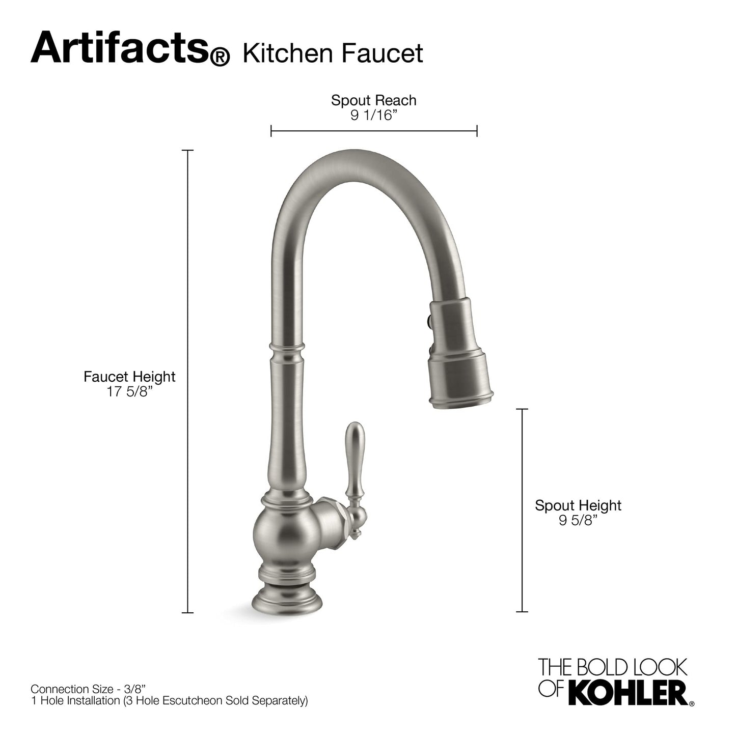 KOHLER K-99259-CP Artifacts Single-Hole Kitchen Sink Faucet with 17-5/8-Inch Pull-Down Spout, 3-Function Sprayhead, and Turned Lever Handle, Polished Chrome