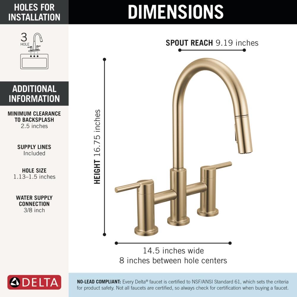 Delta Nicoli Brushed Gold Kitchen Faucet with Pull Down Sprayer, Bridge 3 Hole Modern Kitchen Sink Faucet, Two-Handle, Champagne Bronze 39876LF-CZ