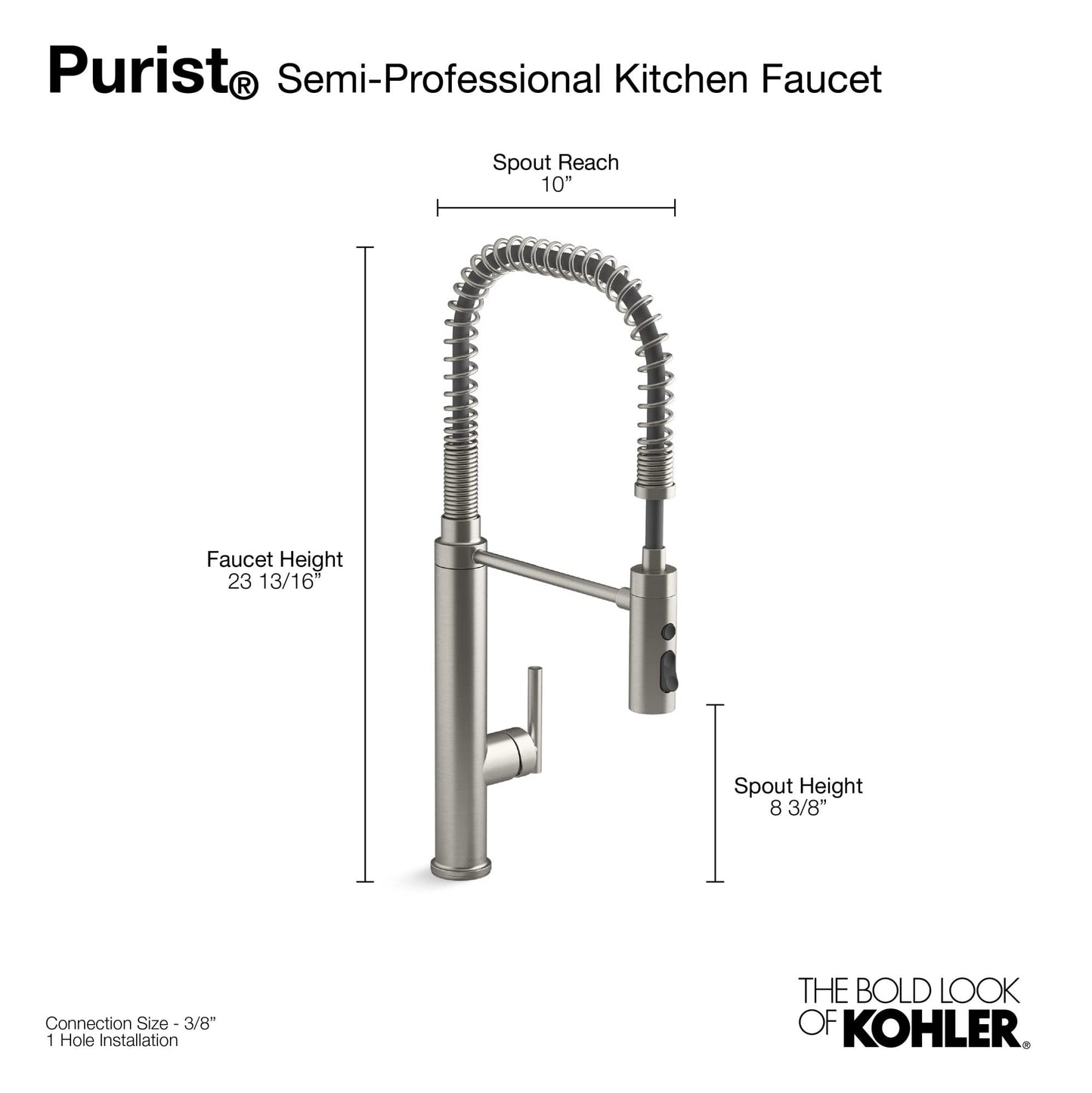 KOHLER 24982-BL Purist Commercial Style Pre-Rinse Kitchen Faucet with 3-Function Sprayhead, Kitchen Sink Faucet with Pull Down Sprayer, Matte Black