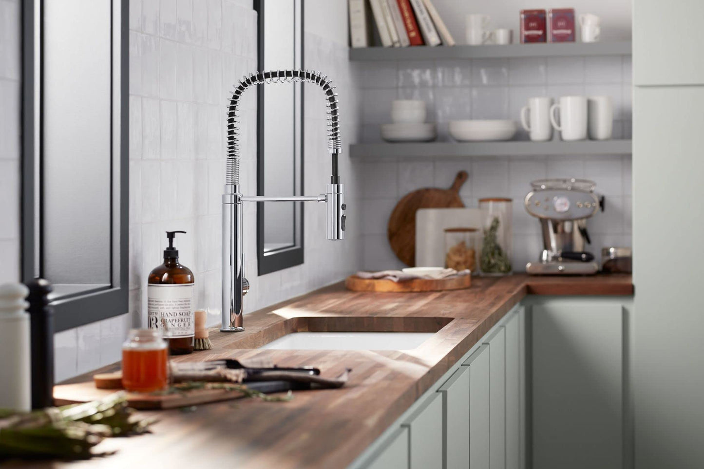 KOHLER 24982-BL Purist Commercial Style Pre-Rinse Kitchen Faucet with 3-Function Sprayhead, Kitchen Sink Faucet with Pull Down Sprayer, Matte Black