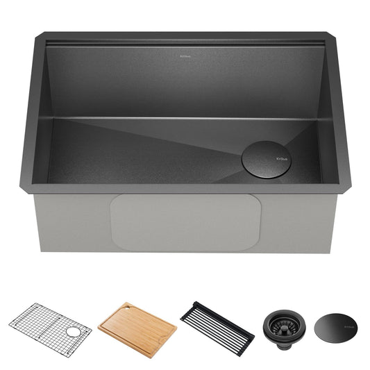 KRAUS Kore Workstation 27-inch Undermount 16 Gauge Black Stainless Kitchen Sink, Single Bowl Kitchen Sink in PVD Gunmetal Finish with Accessories, KWU110-27-PGM