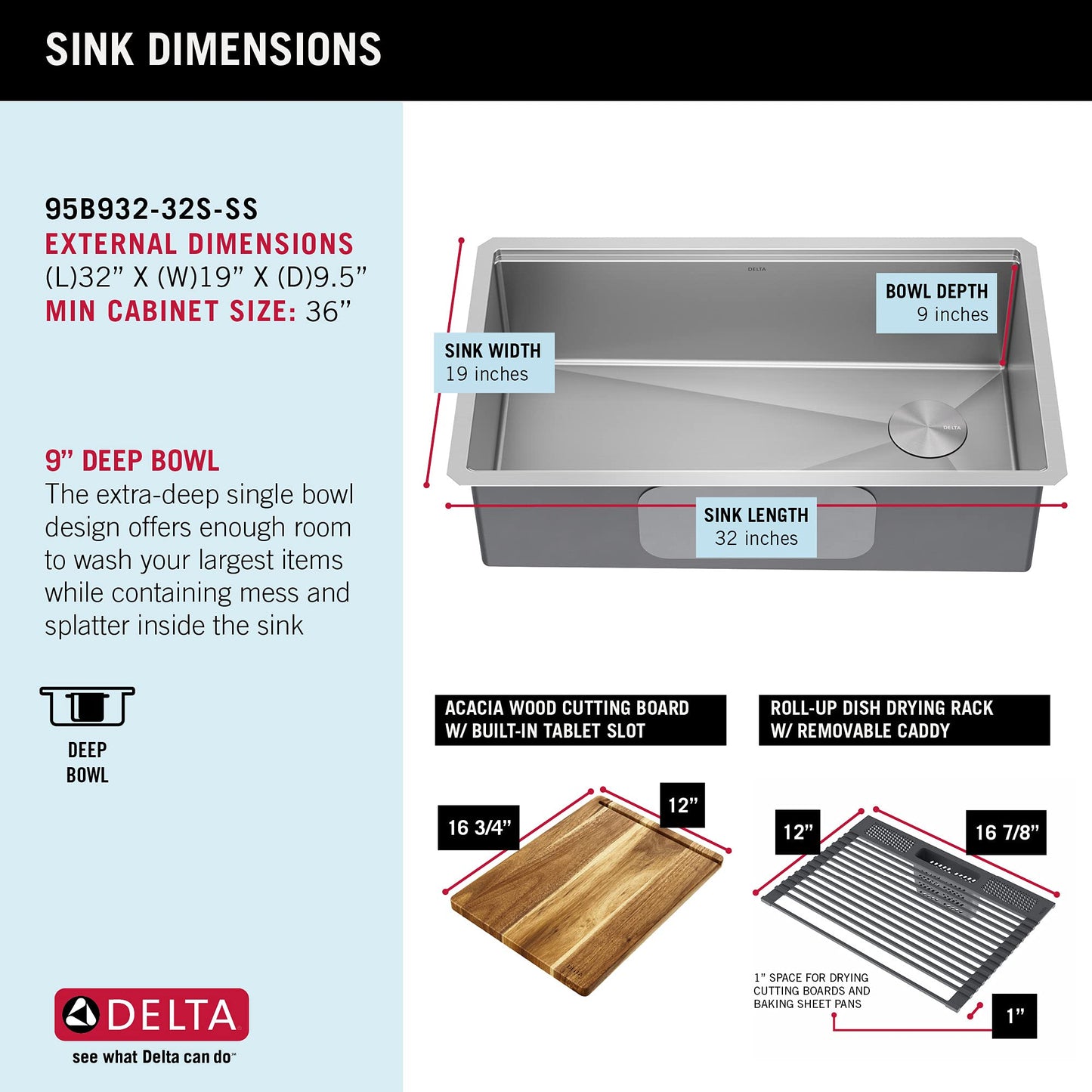 DELTA FAUCET 95B932-32S-SS Lorelai Workstation Kitchen Sink Undermount Stainless Steel Single Bowl with WorkFlow Ledge and Chef’s Kit of 6 Accessories