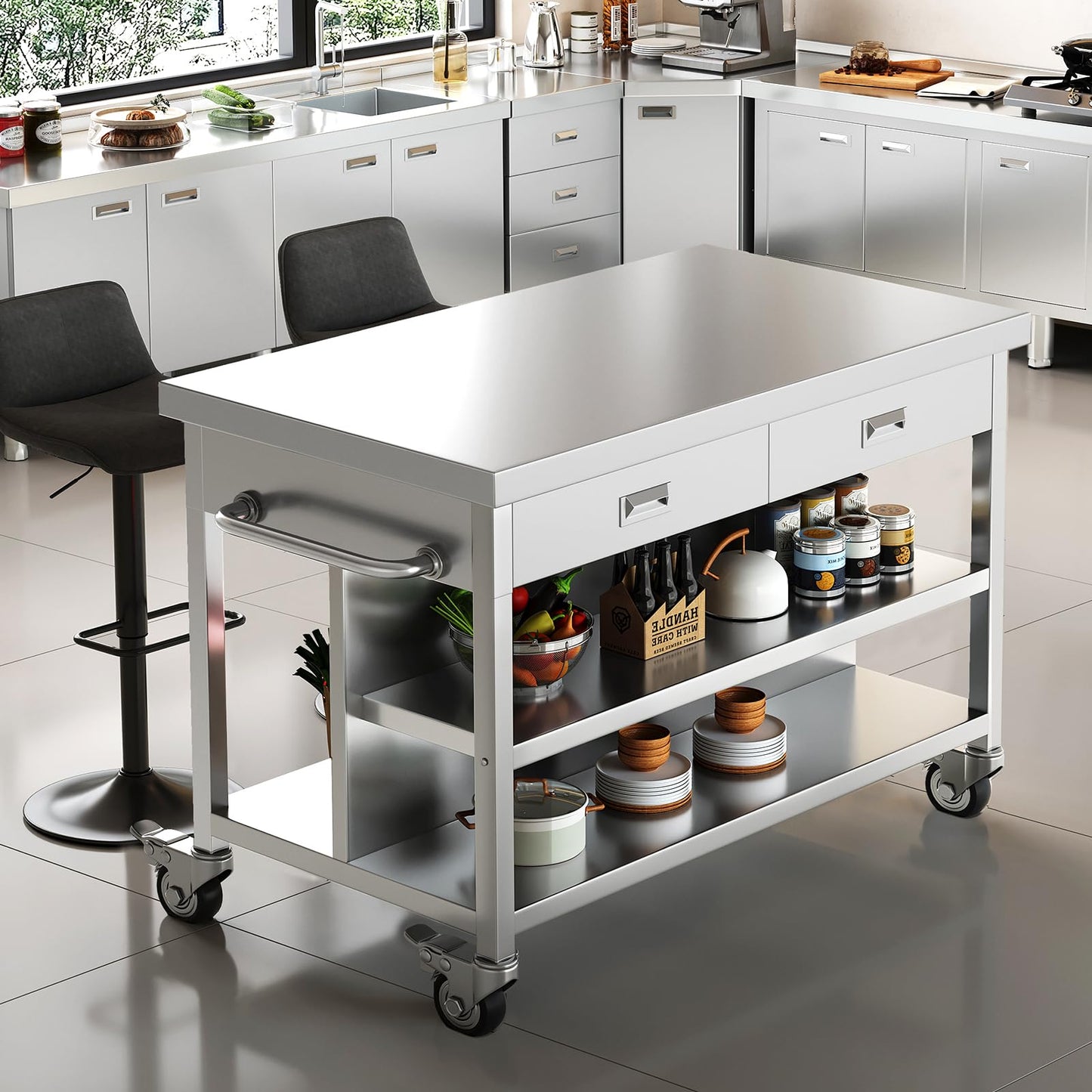 Stainless Steel Kitchen Island with Storage, Rolling Kitchen Island Cart on Wheels, Industrial Kitchen Cart with 2 Drawers, Portable Island for Commercial Kitchen, Bar, Outdoor Patio, 25 x 50 x 37 in