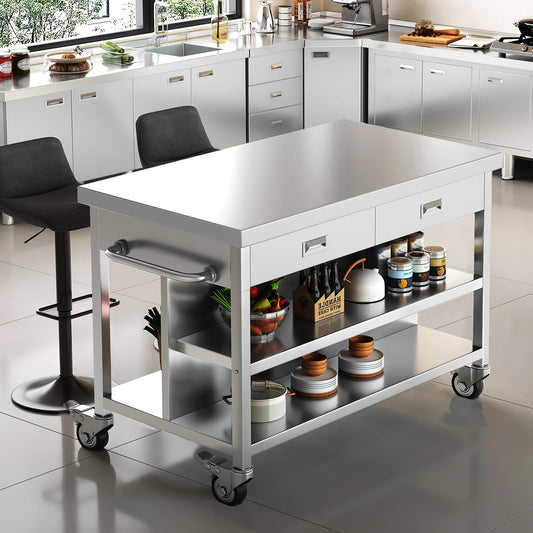 Stainless Steel Kitchen Island with Storage, Rolling Kitchen Island Cart on Wheels, Industrial Kitchen Cart with 2 Drawers, Portable Island for Commercial Kitchen, Bar, Outdoor Patio, 25 x 50 x 37 in
