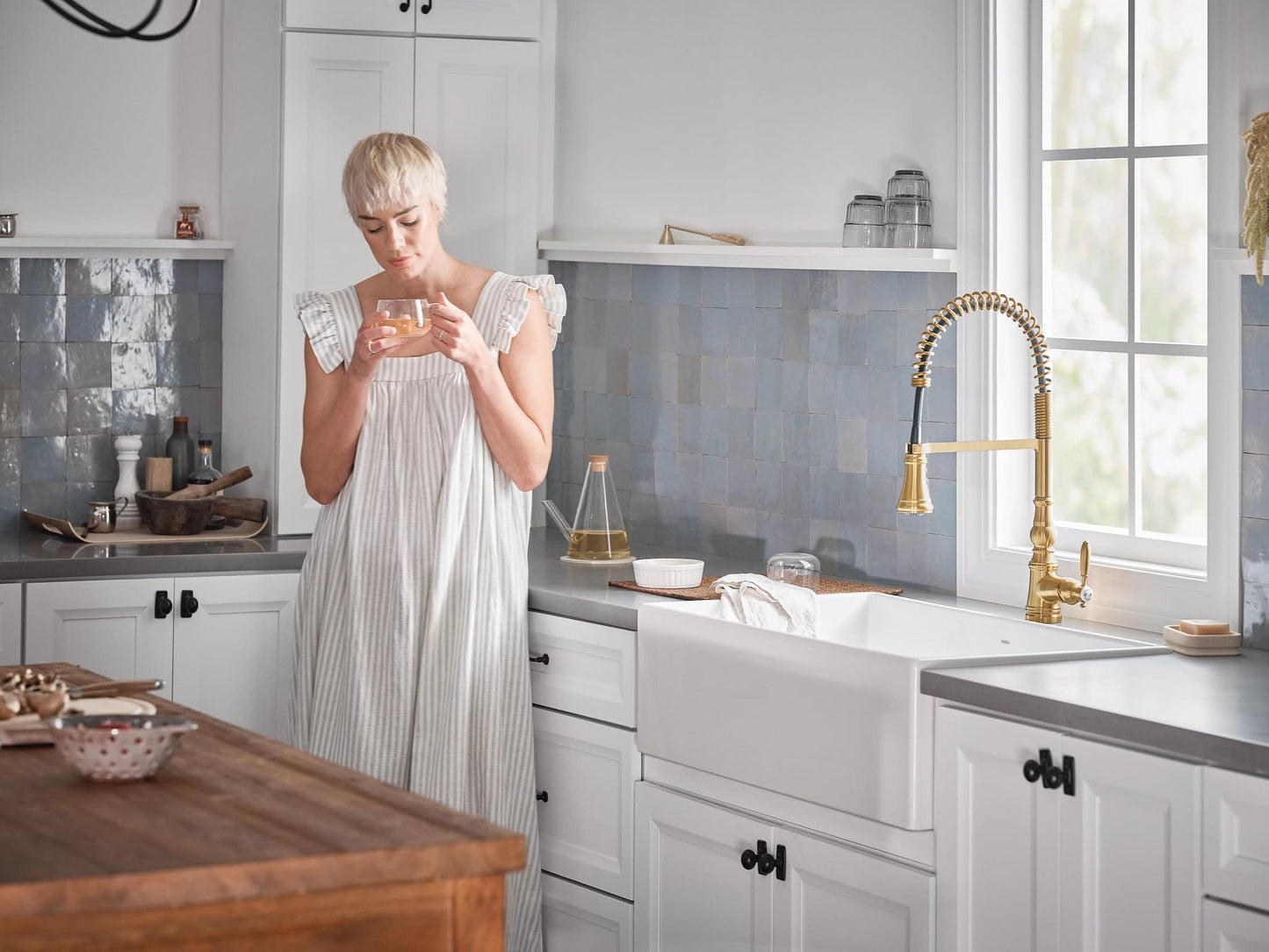 Moen WeymouthBrushed Gold One Handle Pre-Rinse Spring Farmhouse Pulldown Kitchen Faucet with Power Boost for a Faster Clean, S73104BG