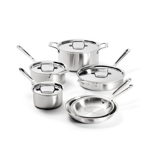 All-Clad D5 Brushed 5 Ply Stainless Steel Cookware Set 10 Piece w/ Frying Pans, Pots and Pans Set, Induction, Oven Broiler Safe 600F, Silver