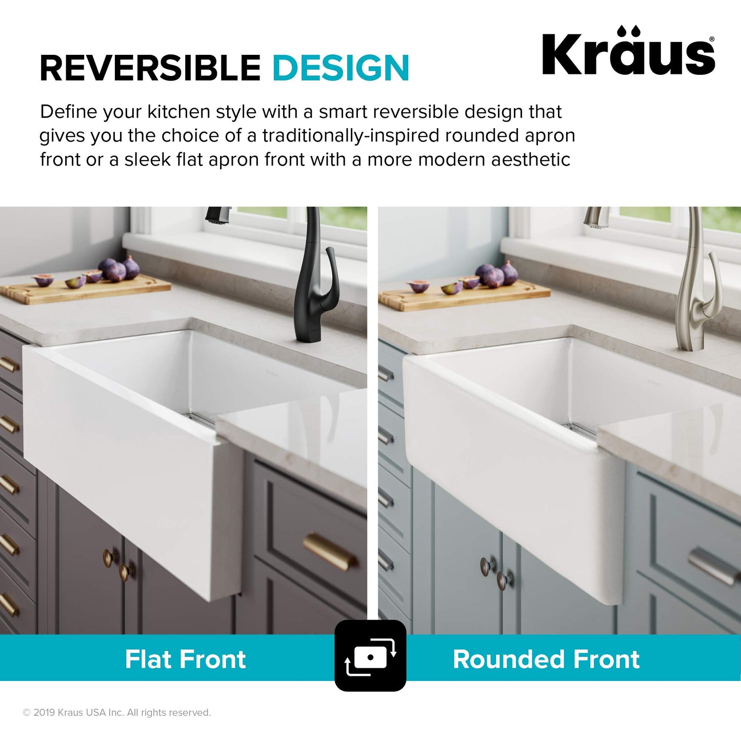 KRAUS KFR1-33GWH Turino Reversible 33-inch Fireclay Farmhouse Flat Apron Front Single Bowl Kitchen Sink with Bottom Grid in Gloss White