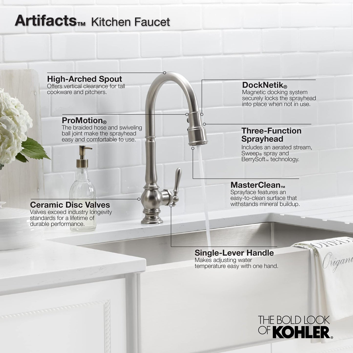 KOHLER K-99259-CP Artifacts Single-Hole Kitchen Sink Faucet with 17-5/8-Inch Pull-Down Spout, 3-Function Sprayhead, and Turned Lever Handle, Polished Chrome