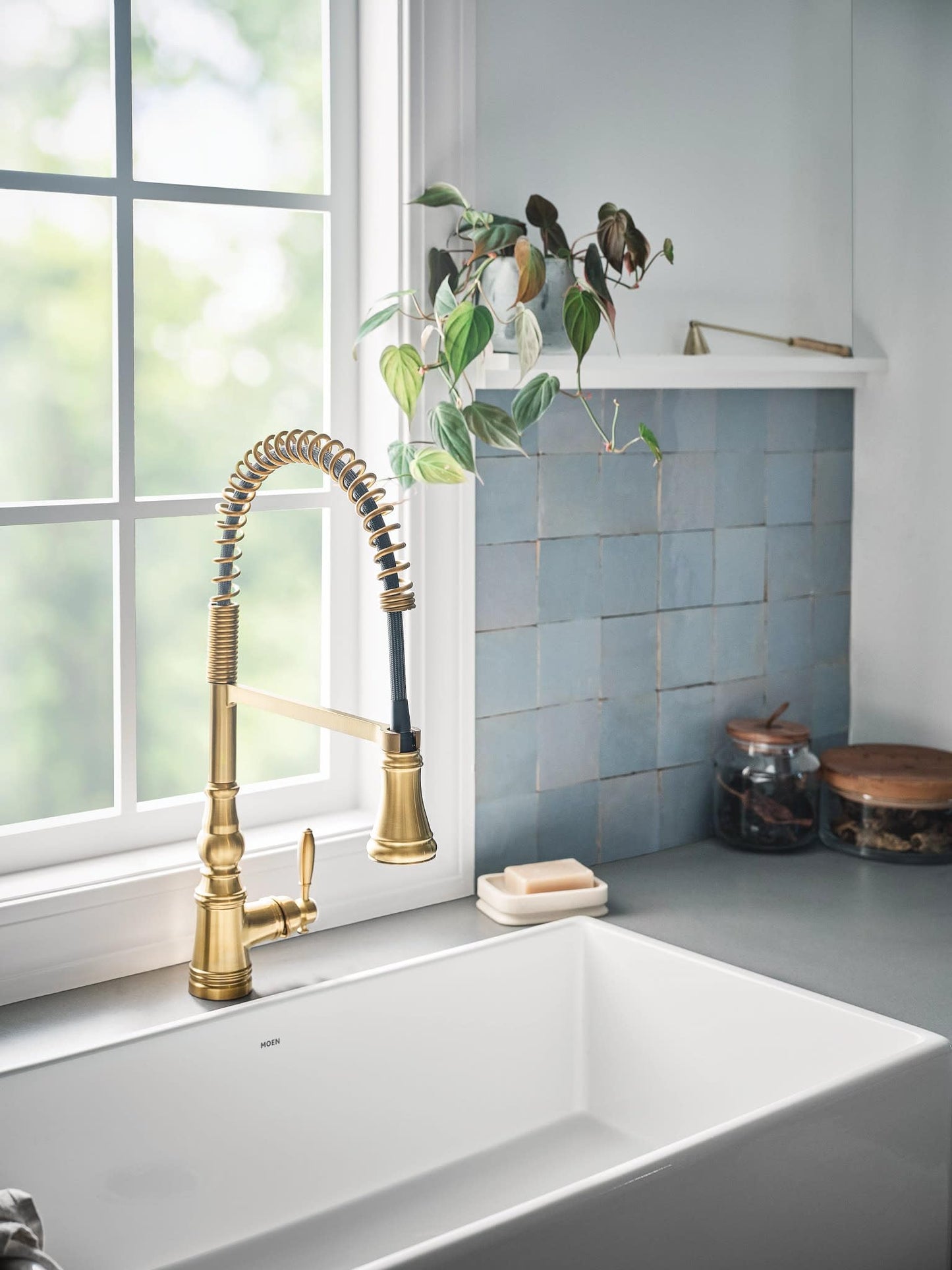 Moen WeymouthBrushed Gold One Handle Pre-Rinse Spring Farmhouse Pulldown Kitchen Faucet with Power Boost for a Faster Clean, S73104BG