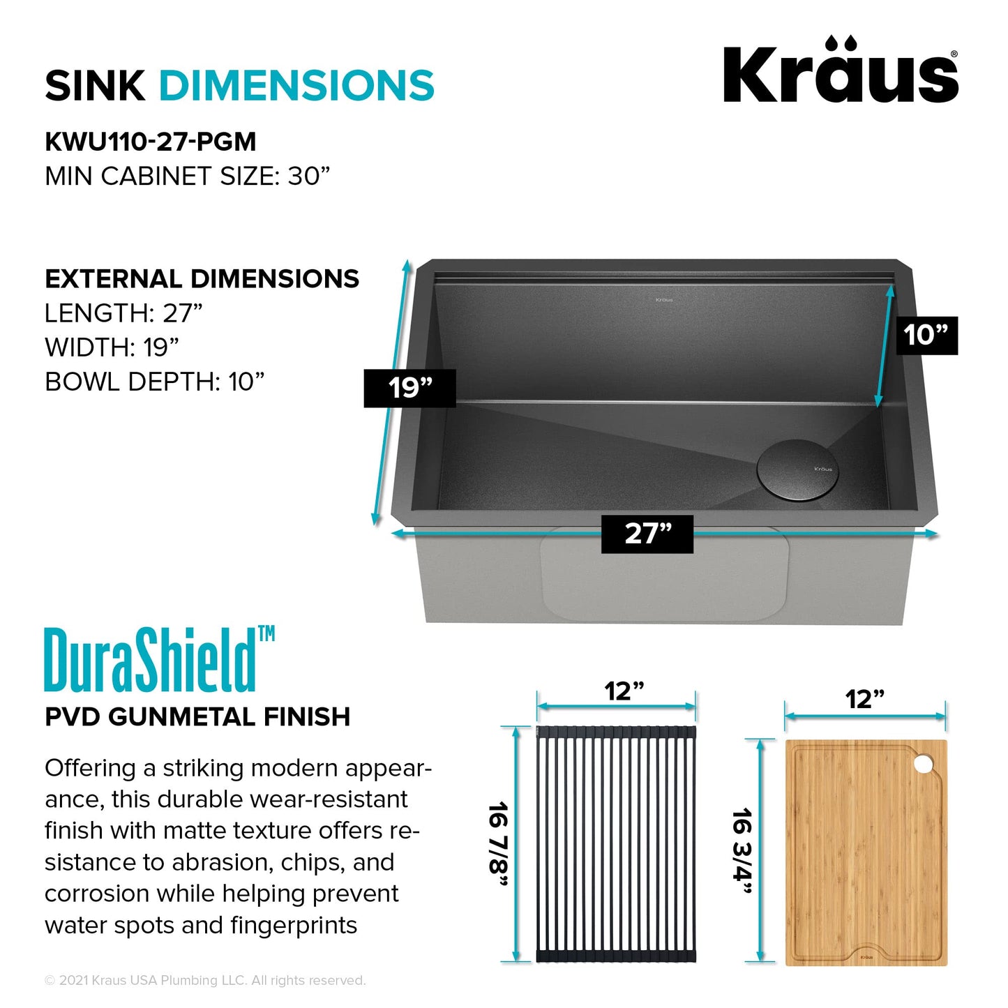 KRAUS Kore Workstation 27-inch Undermount 16 Gauge Black Stainless Kitchen Sink, Single Bowl Kitchen Sink in PVD Gunmetal Finish with Accessories, KWU110-27-PGM
