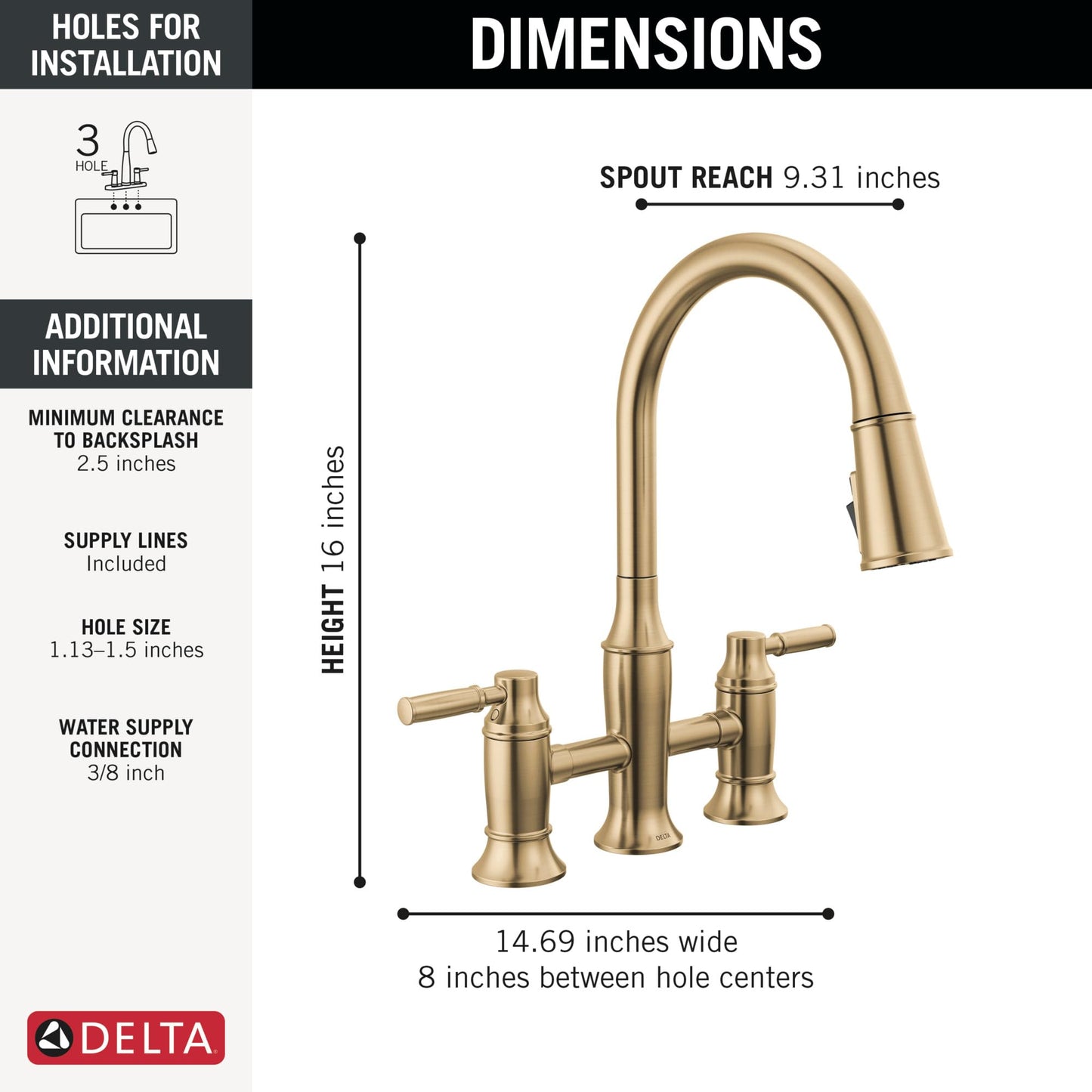 Delta Renaldi Brushed Gold Kitchen Faucet with Pull Down Sprayer, Bridge 3 Hole Modern Kitchen Sink Faucet, Two-Handle, Lumicoat Champagne Bronze 2384L-CZ-PR-DST