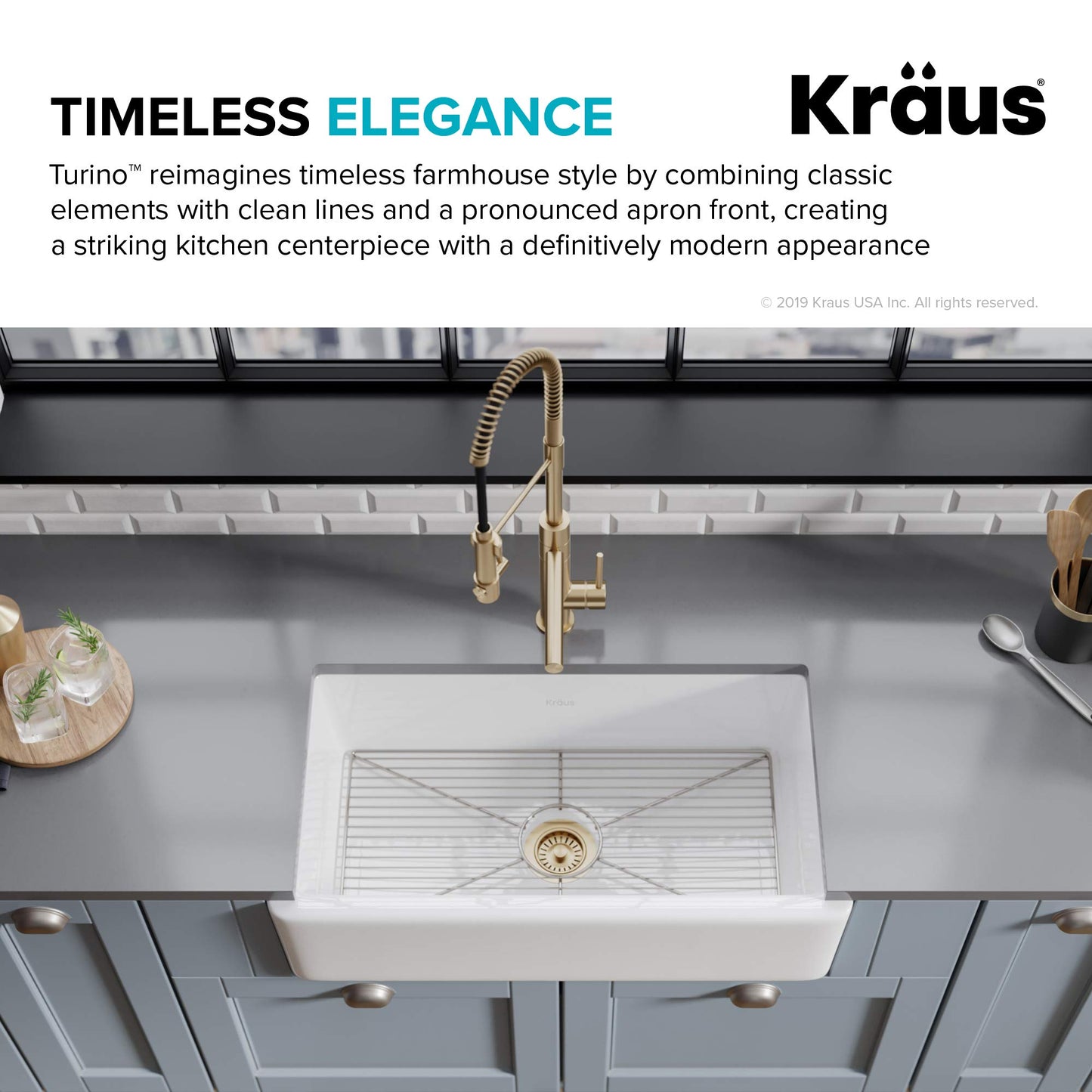 KRAUS KFR1-33GWH Turino Reversible 33-inch Fireclay Farmhouse Flat Apron Front Single Bowl Kitchen Sink with Bottom Grid in Gloss White