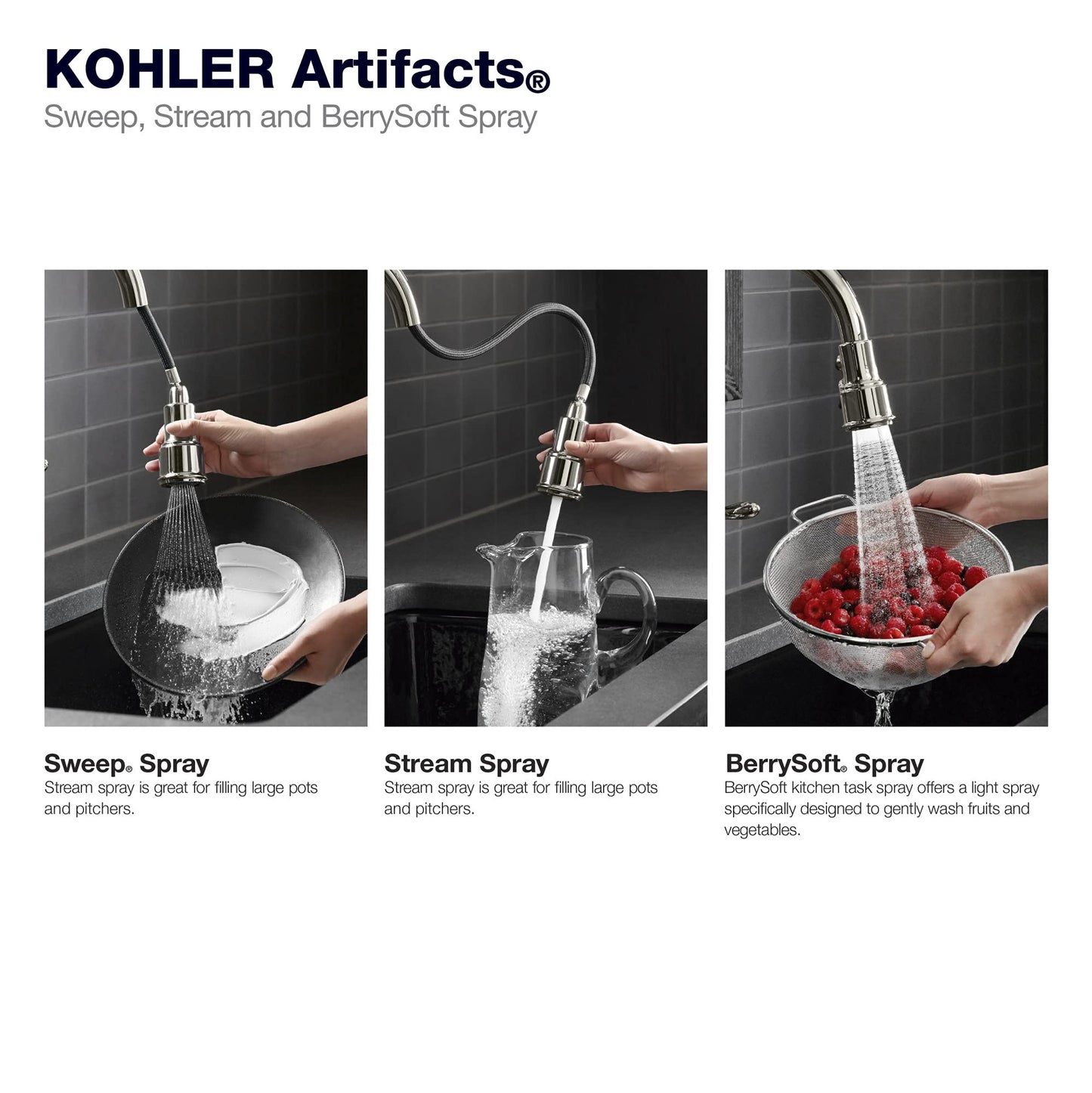 KOHLER K-99259-CP Artifacts Single-Hole Kitchen Sink Faucet with 17-5/8-Inch Pull-Down Spout, 3-Function Sprayhead, and Turned Lever Handle, Polished Chrome