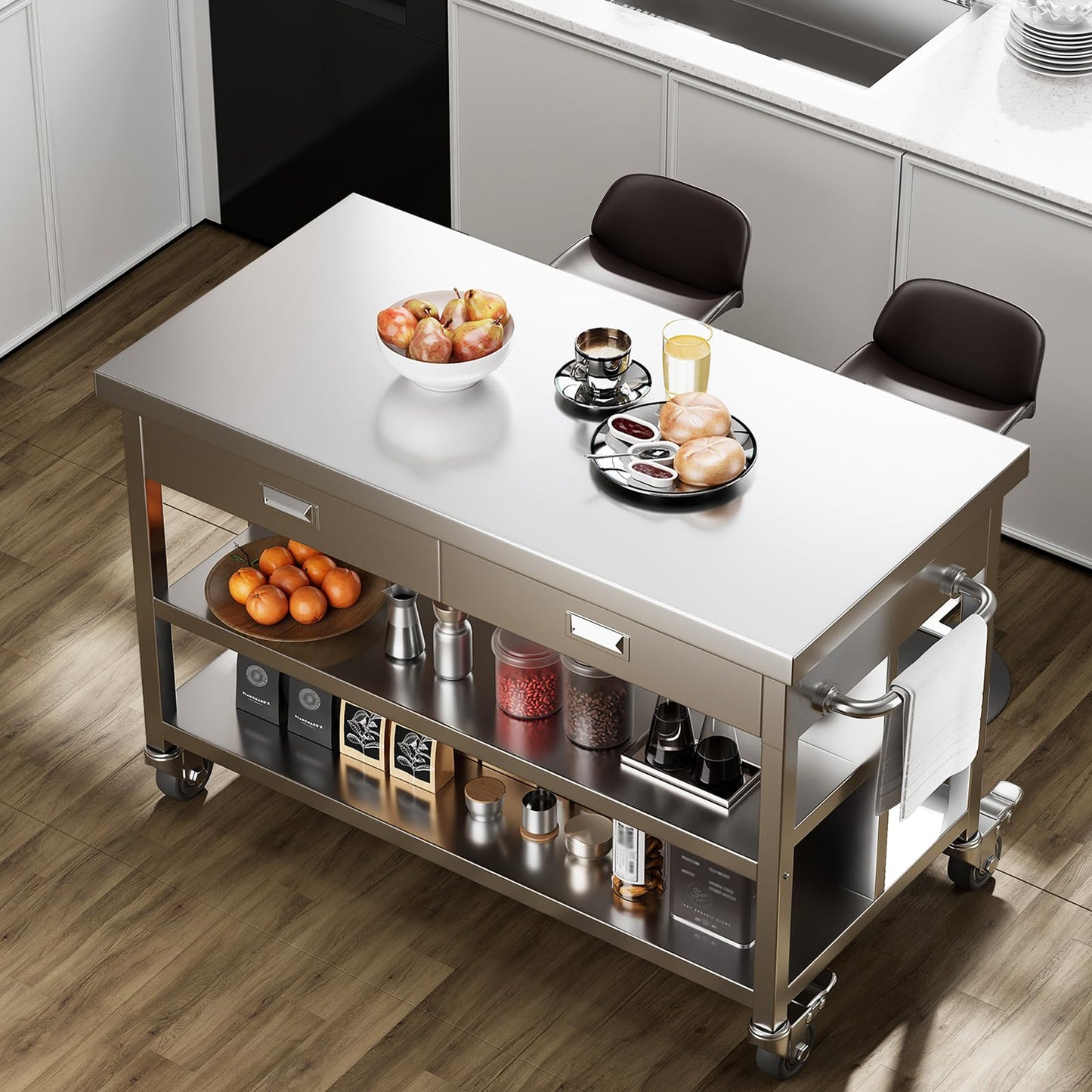 Stainless Steel Kitchen Island with Storage, Rolling Kitchen Island Cart on Wheels, Industrial Kitchen Cart with 2 Drawers, Portable Island for Commercial Kitchen, Bar, Outdoor Patio, 25 x 50 x 37 in