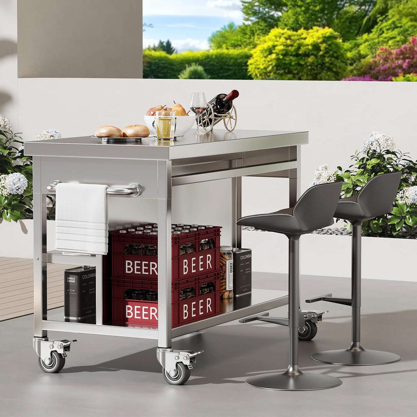 Stainless Steel Kitchen Island with Storage, Rolling Kitchen Island Cart on Wheels, Industrial Kitchen Cart with 2 Drawers, Portable Island for Commercial Kitchen, Bar, Outdoor Patio, 25 x 50 x 37 in