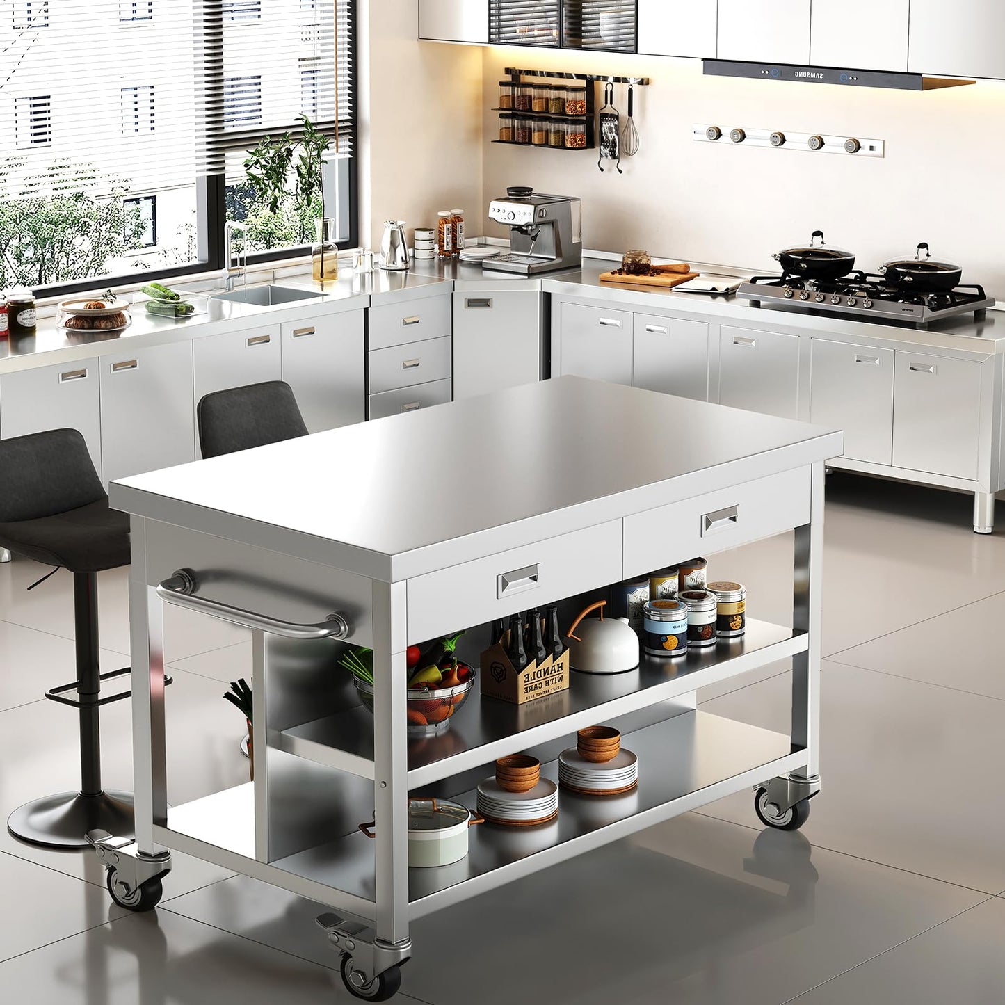 Stainless Steel Kitchen Island with Storage, Rolling Kitchen Island Cart on Wheels, Industrial Kitchen Cart with 2 Drawers, Portable Island for Commercial Kitchen, Bar, Outdoor Patio, 25 x 50 x 37 in