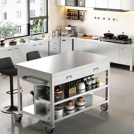 Stainless Steel Kitchen Island with Storage, Rolling Kitchen Island Cart on Wheels, Industrial Kitchen Cart with 2 Drawers, Portable Island for Commercial Kitchen, Bar, Outdoor Patio, 25 x 50 x 37 in