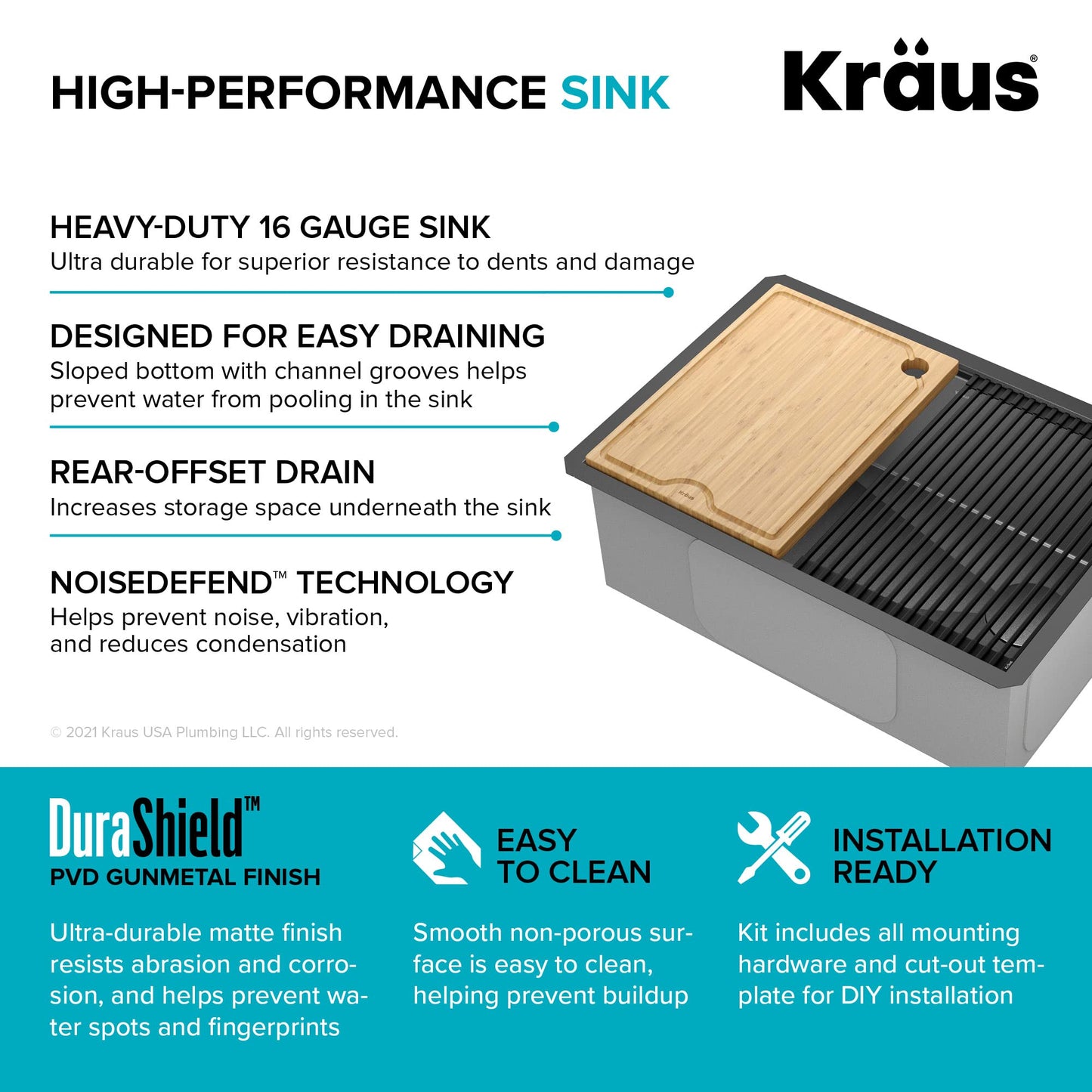 KRAUS Kore Workstation 27-inch Undermount 16 Gauge Black Stainless Kitchen Sink, Single Bowl Kitchen Sink in PVD Gunmetal Finish with Accessories, KWU110-27-PGM