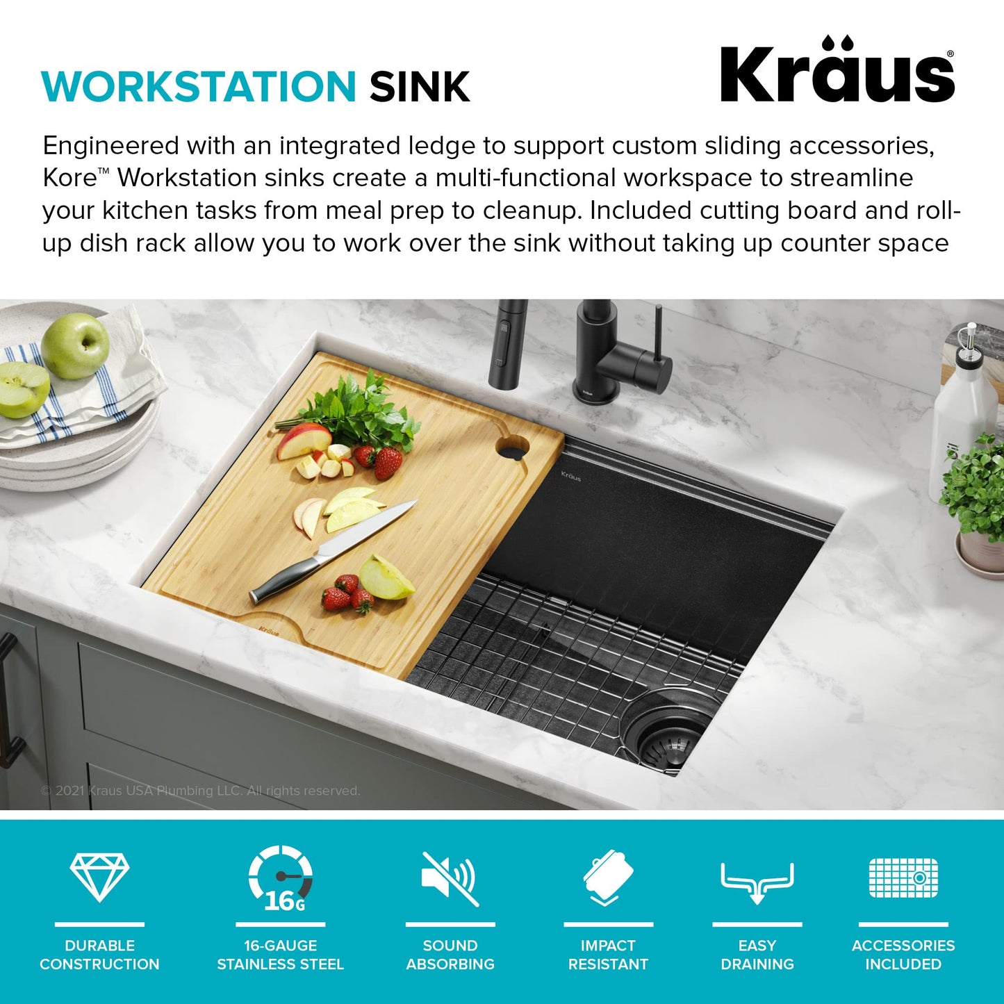 KRAUS Kore Workstation 27-inch Undermount 16 Gauge Black Stainless Kitchen Sink, Single Bowl Kitchen Sink in PVD Gunmetal Finish with Accessories, KWU110-27-PGM