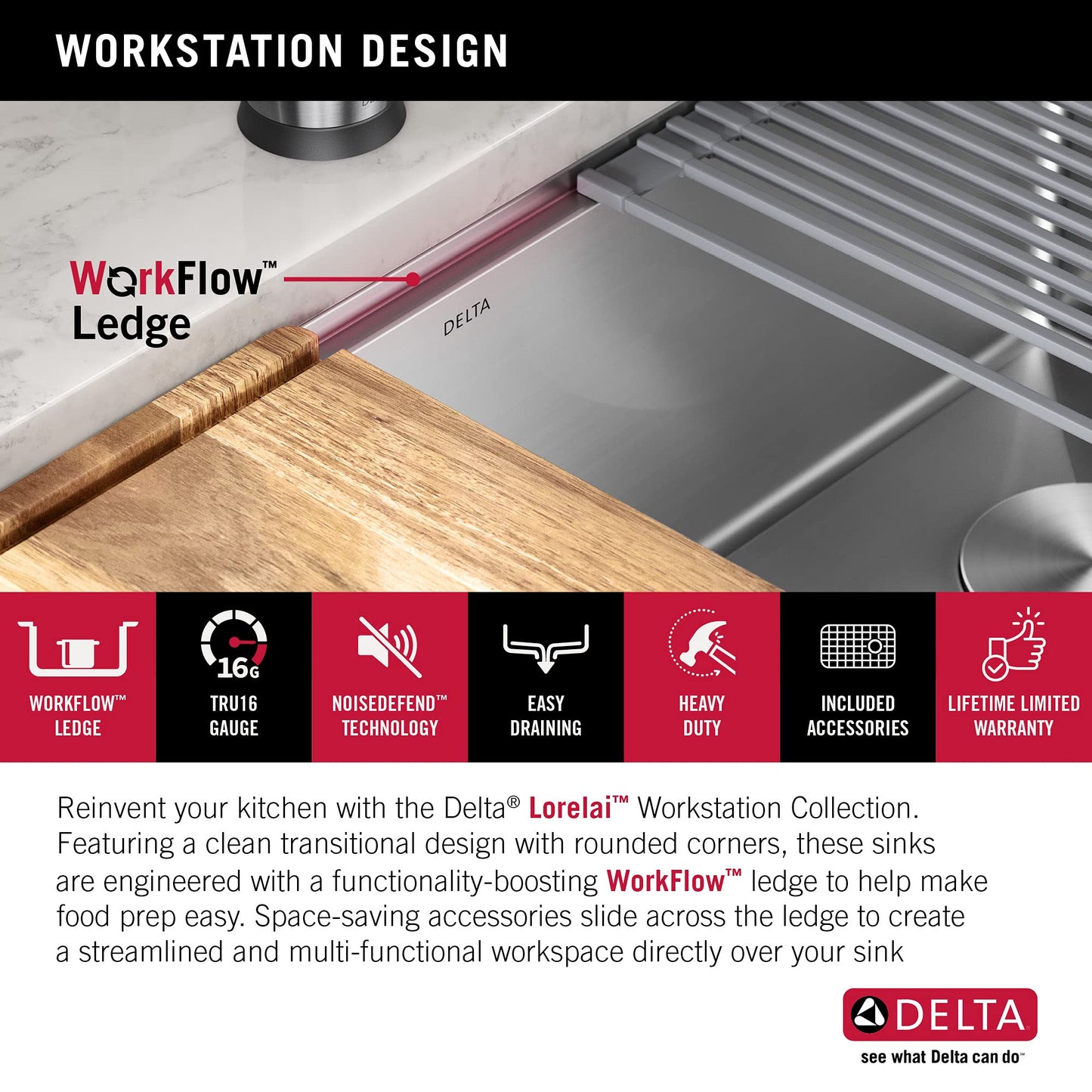 DELTA FAUCET 95B932-32S-SS Lorelai Workstation Kitchen Sink Undermount Stainless Steel Single Bowl with WorkFlow Ledge and Chef’s Kit of 6 Accessories