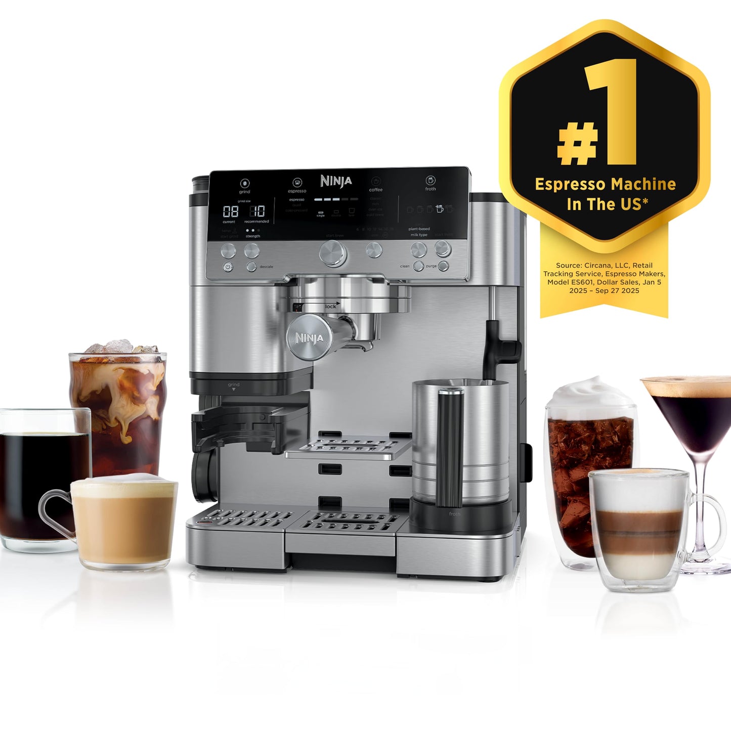 Ninja Luxe Café 3-in-1 Espresso, Drip Coffee and Cold Brew Machine | Intergrated Coffee Grinder, Milk Frother, Assisted Tamper & Built-In Espresso Accessory Storage | Stainless Steel | ES601