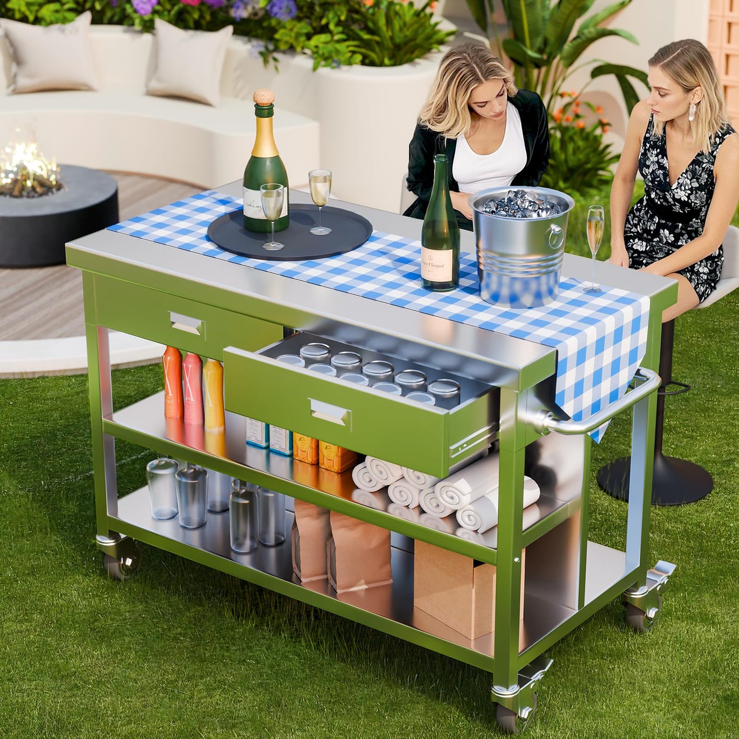Stainless Steel Kitchen Island with Storage, Rolling Kitchen Island Cart on Wheels, Industrial Kitchen Cart with 2 Drawers, Portable Island for Commercial Kitchen, Bar, Outdoor Patio, 25 x 50 x 37 in