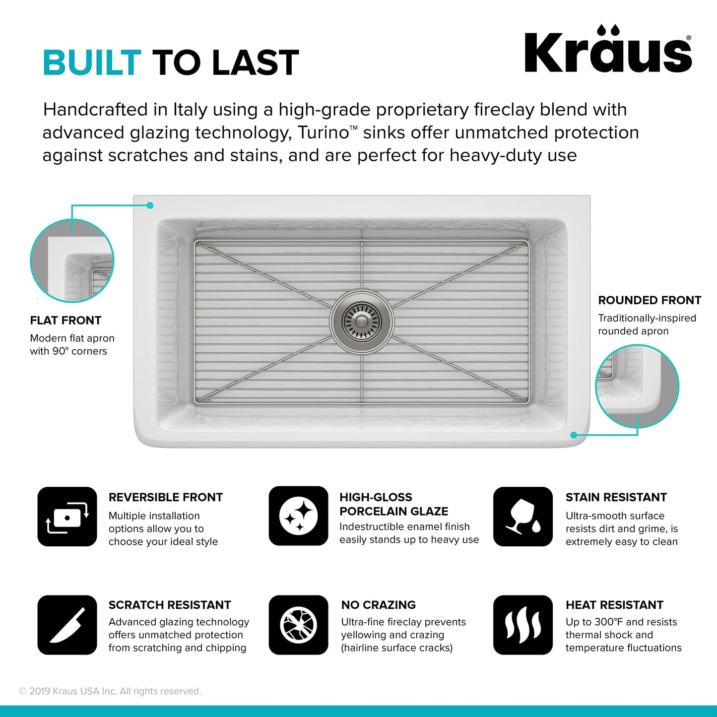 KRAUS KFR1-33GWH Turino Reversible 33-inch Fireclay Farmhouse Flat Apron Front Single Bowl Kitchen Sink with Bottom Grid in Gloss White