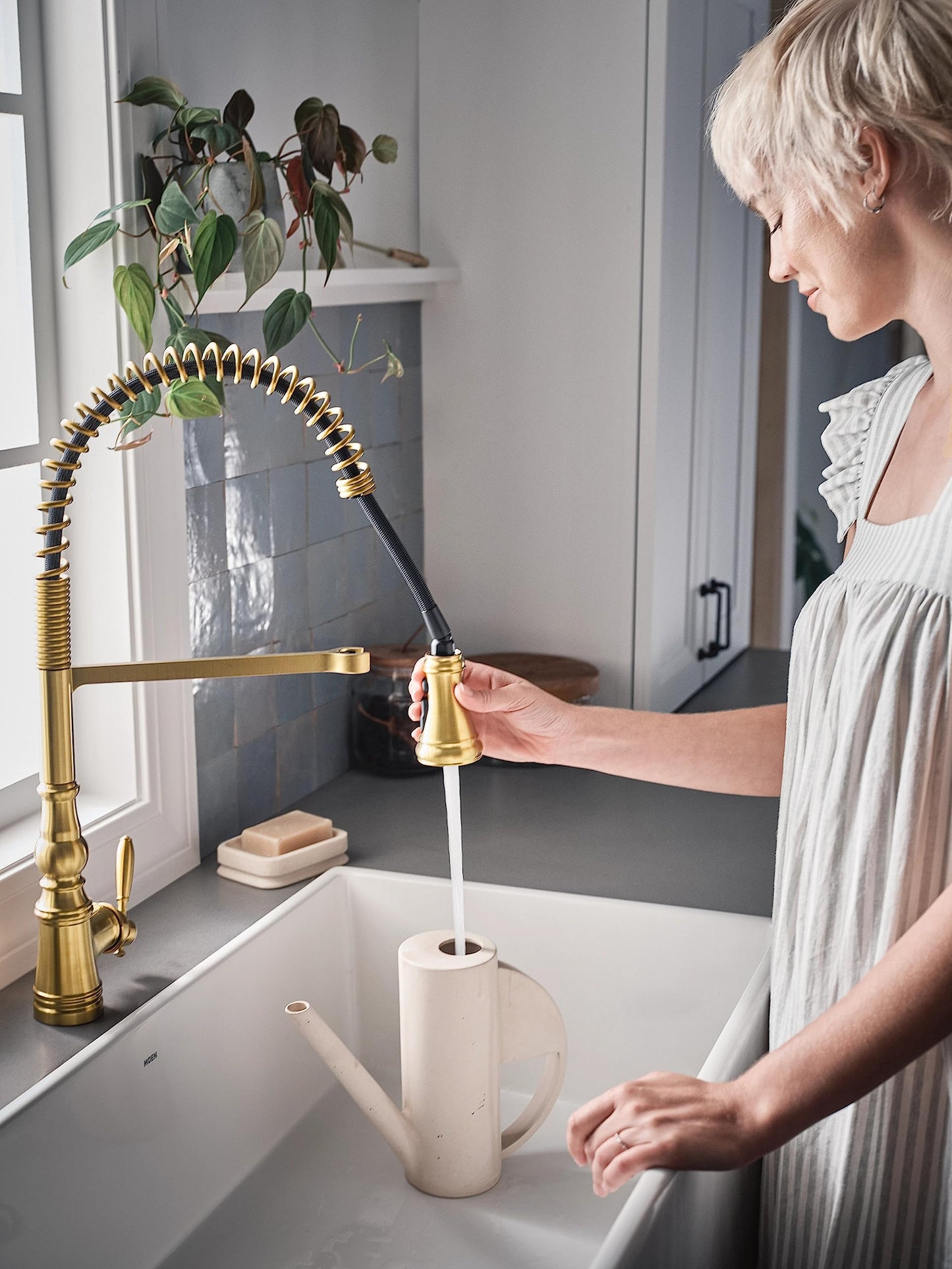 Moen WeymouthBrushed Gold One Handle Pre-Rinse Spring Farmhouse Pulldown Kitchen Faucet with Power Boost for a Faster Clean, S73104BG