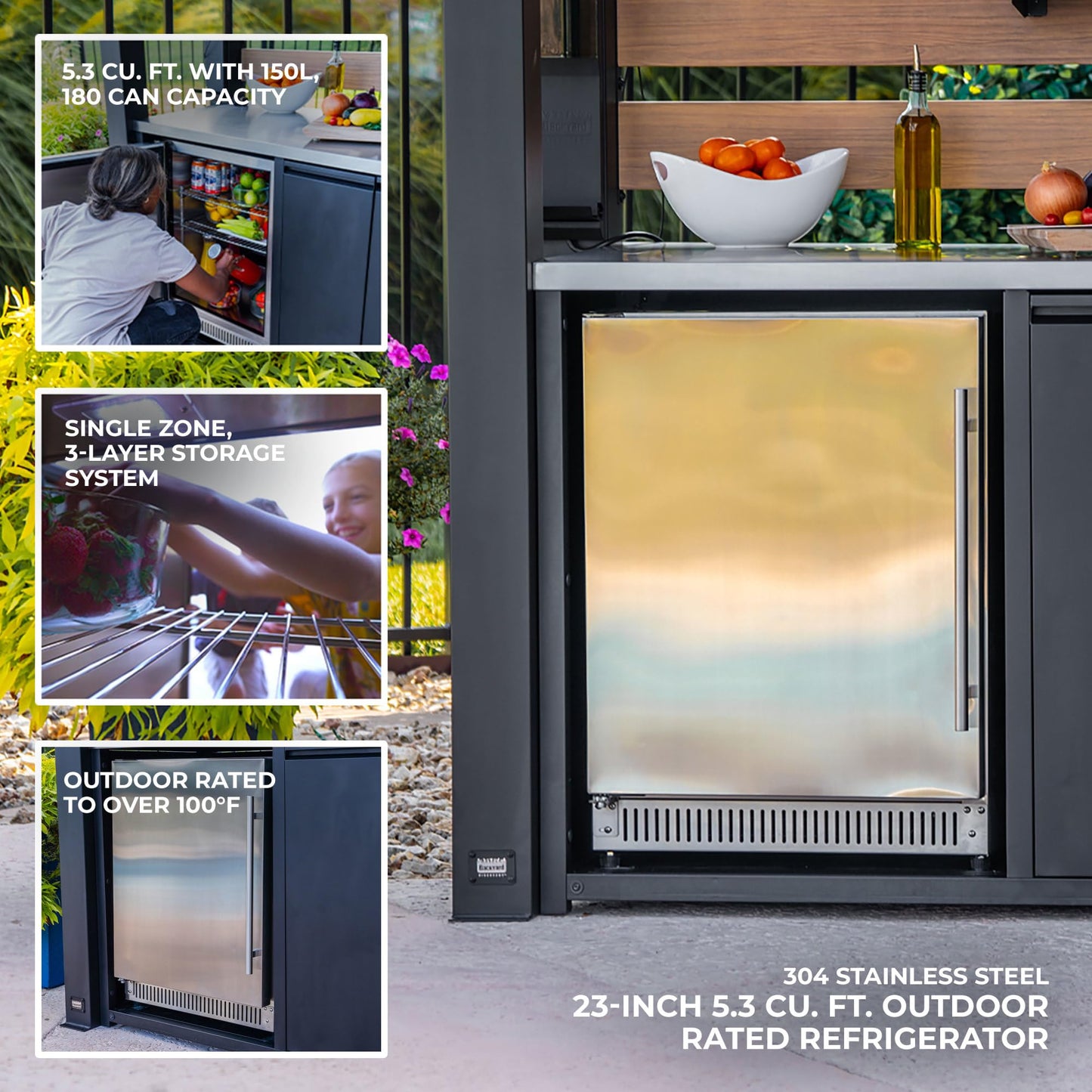 Backyard Discovery Fusion Flame Galvanized Steel Covered Outdoor Kitchen with 5-Burner Stainless Steel Grill, Refrigerator, Countertop, Storage, and Steel Roof for All-Season Outdoor Cooking