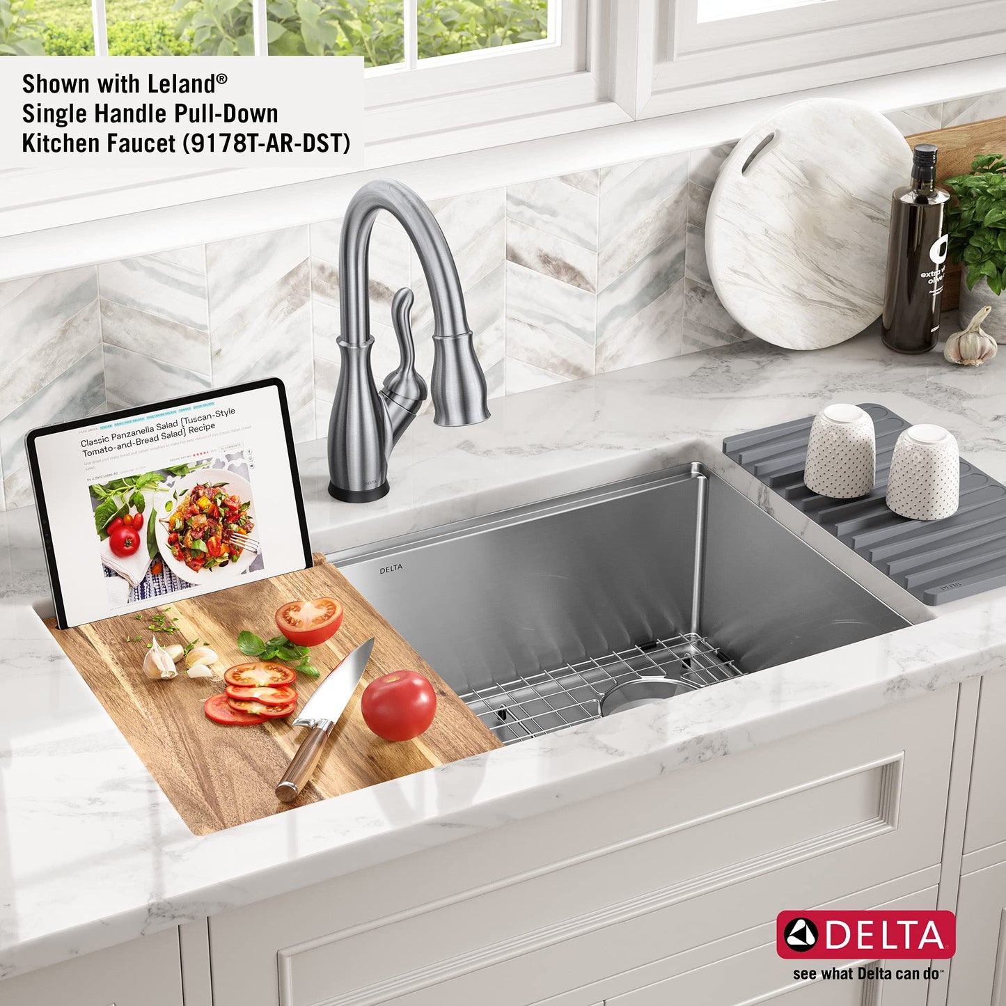 DELTA FAUCET 95B932-32S-SS Lorelai Workstation Kitchen Sink Undermount Stainless Steel Single Bowl with WorkFlow Ledge and Chef’s Kit of 6 Accessories