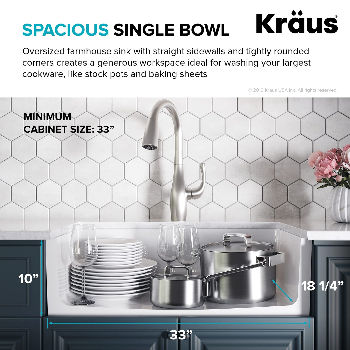 KRAUS KFR1-33GWH Turino Reversible 33-inch Fireclay Farmhouse Flat Apron Front Single Bowl Kitchen Sink with Bottom Grid in Gloss White