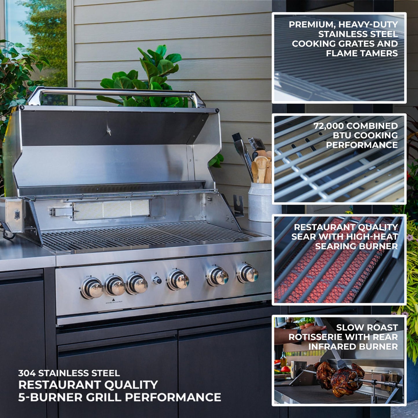 Backyard Discovery Fusion Flame Galvanized Steel Covered Outdoor Kitchen with 5-Burner Stainless Steel Grill, Refrigerator, Countertop, Storage, and Steel Roof for All-Season Outdoor Cooking