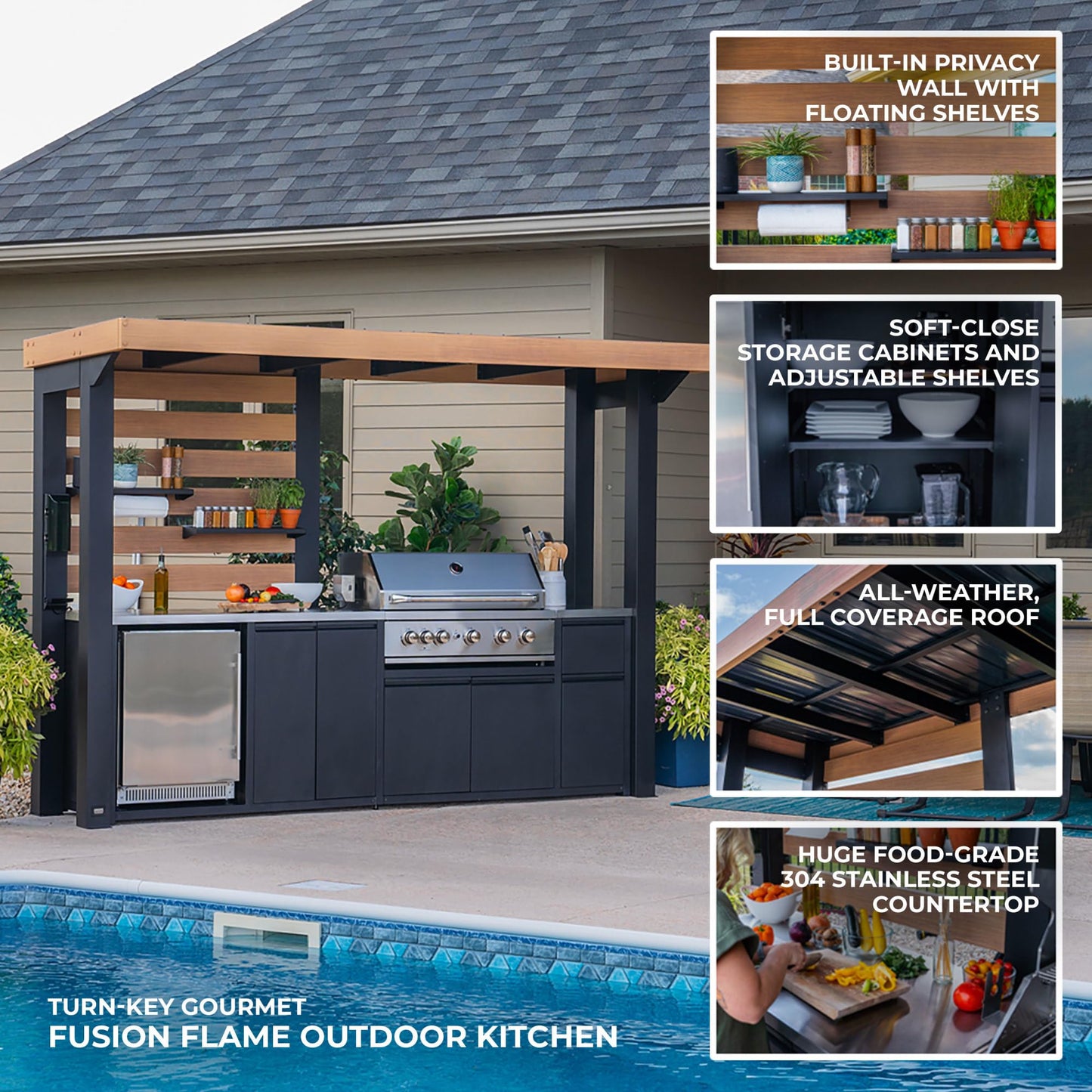 Backyard Discovery Fusion Flame Galvanized Steel Covered Outdoor Kitchen with 5-Burner Stainless Steel Grill, Refrigerator, Countertop, Storage, and Steel Roof for All-Season Outdoor Cooking