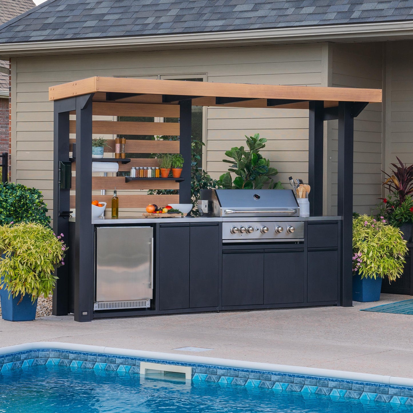 Backyard Discovery Fusion Flame Galvanized Steel Covered Outdoor Kitchen with 5-Burner Stainless Steel Grill, Refrigerator, Countertop, Storage, and Steel Roof for All-Season Outdoor Cooking